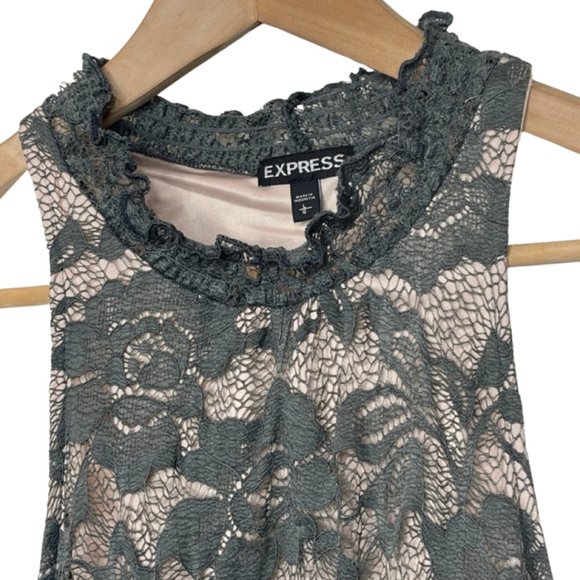 EXPRESS | Olive Green Lace Ruffle High Neck Sleeveless Peplum Blouse | Size L - Picture 3 of 10